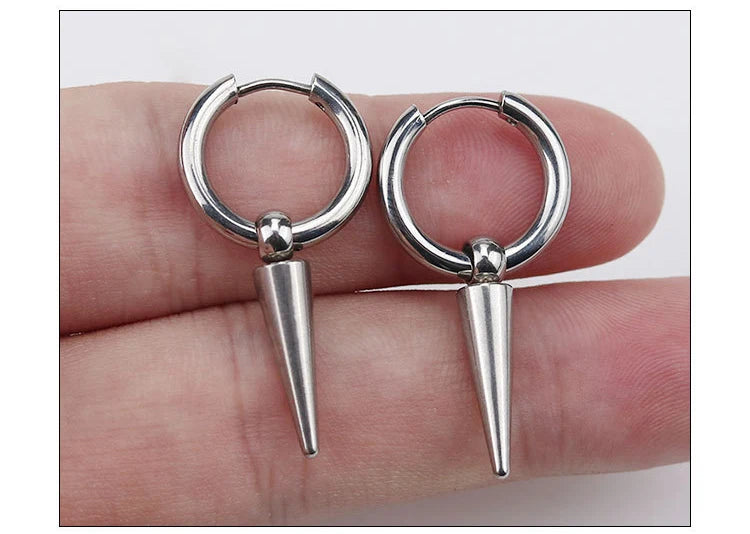 Rock Cone Pendant Hoop Earrings Women Men Stainless Steel Geometric Cartilage Single Earring Hip Hop Piercing Jewelry