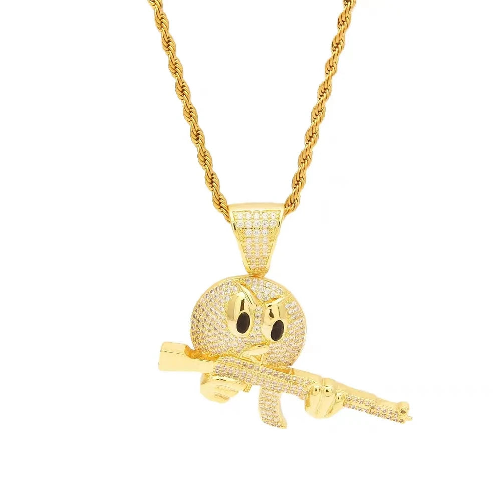 Hip-Hop Cartoon Round Face Gun Ak-47 Necklace Iced Out Pendant Gold Color Cubic Zirconia Men's Hip-Hop Rock Rap Jewelry