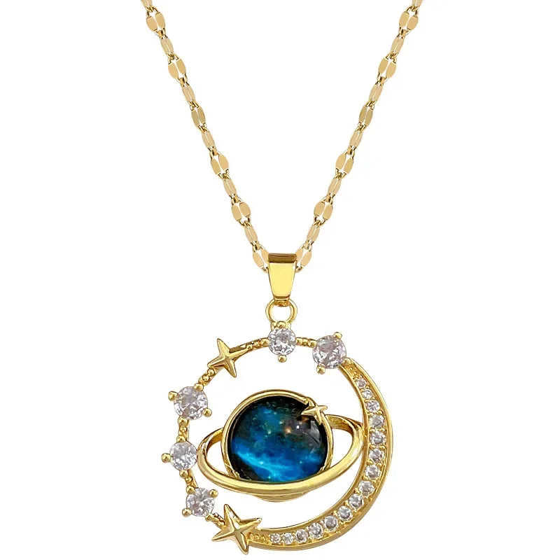 Dainty Blue Planet Necklace Stainless Steel Clavicle Chain Zircon Saturn Space Earth Pendant Necklace Aesthetics Jewelry Collar