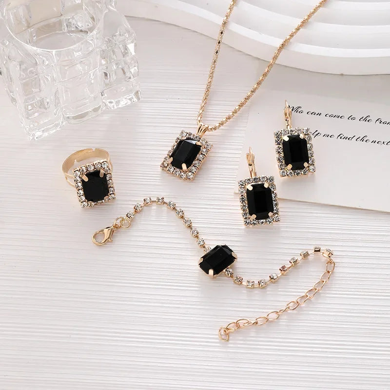 5PCS Zircon Jewelry Set Geometric Square Zircon Necklace Bracelet Ring for Women's Clavicular Chain Fashion  Jewelry Set