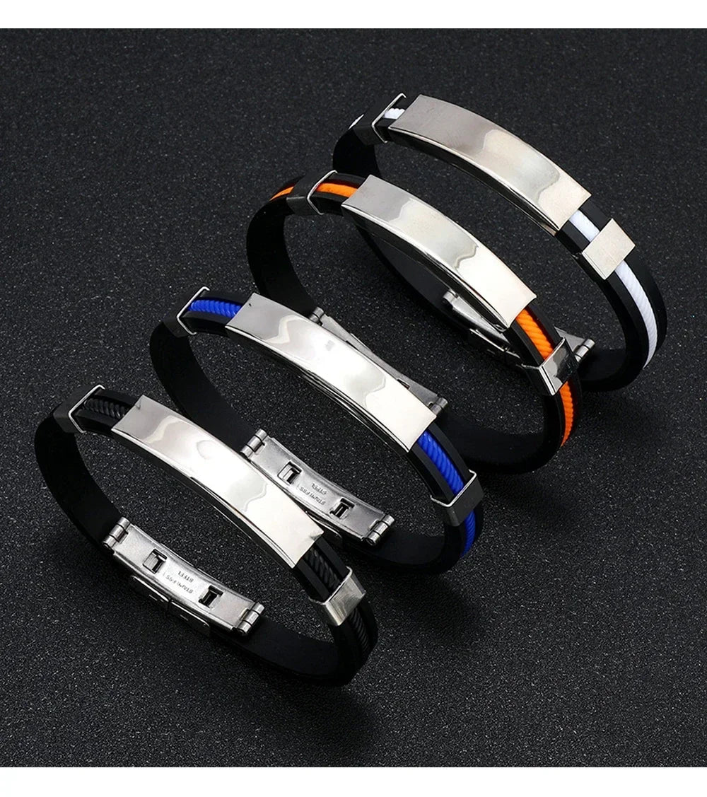 Fashion Men Silicone Bracelet Stainless Steel Bracelet on Hand for Couple Unisex Wrist Chain Jewelry