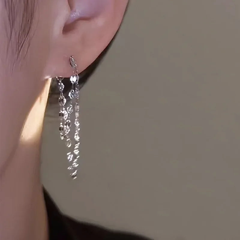 925 Sterling Silver Double Layered Tassel Earrings Long Sparkling Chain Earrings Summer Exquisite and Fashionable Party Jewelry