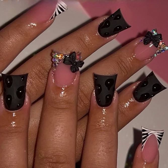 24pcs French Fake Nails with Glue Animal Print False Nails Short Square Press on Nails Diamond Cross Nail Press Ons Sweet Cool