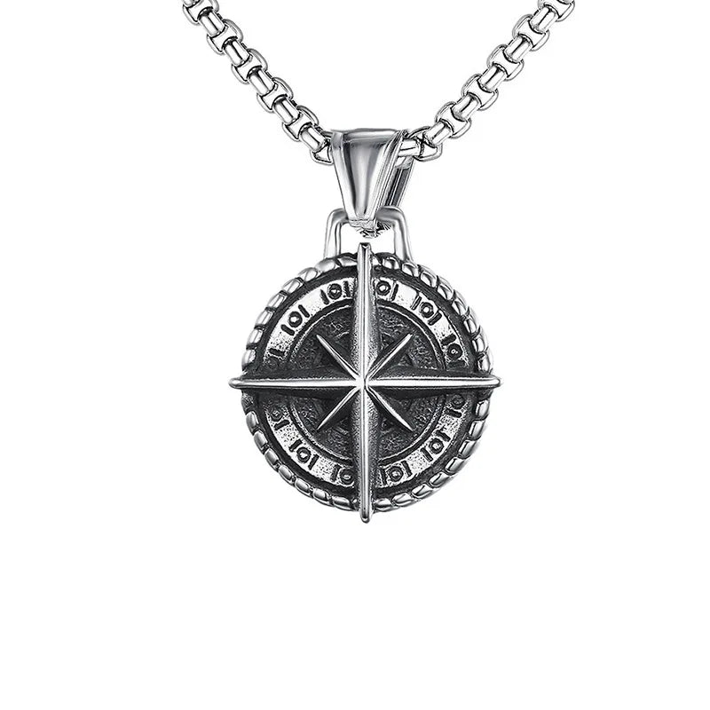 Two Tone Compass Pendant men's Necklace Stainless Steel Retro Hip-hop Style Silver Color Neck Chain Fashion Jewelry Wholesale