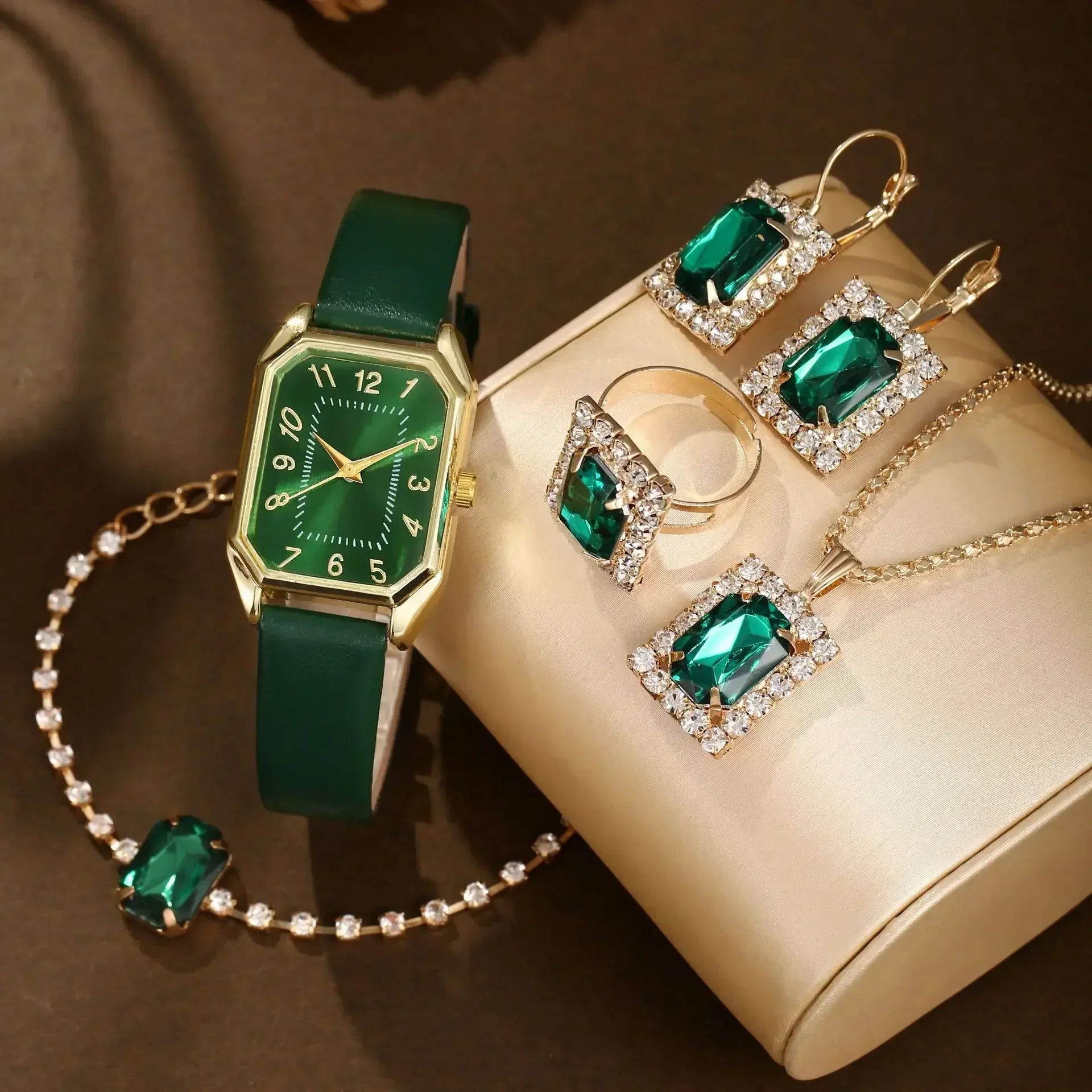2024 New Leisure Fashion Leather Women's Business Square Quartz Watch Korean Rhinestone Jewelry Set Reloj Mujer Elegante