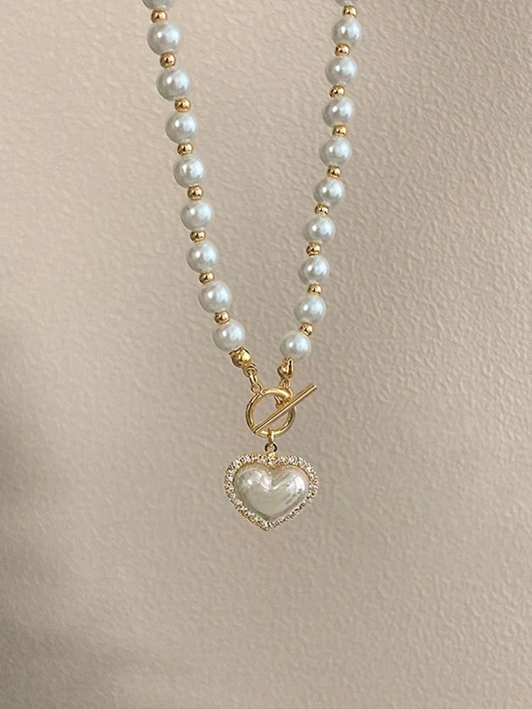 Elegant Pearl Necklace For Women Heart Pendant Necklaces Luxury Imitation Pearls Chain Necklaces Korean Jewelry Girls Gifts