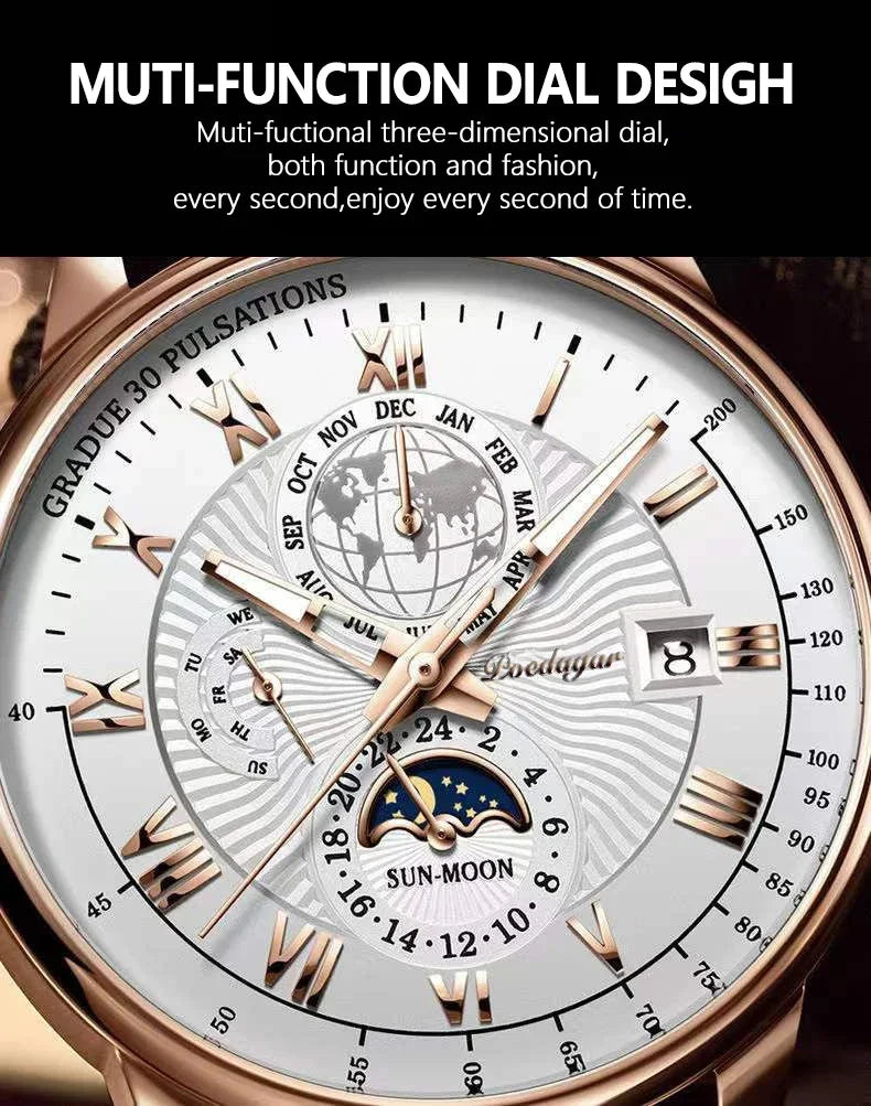 Luxury Man Watch Waterproof Chronograph Moon Phase Pattern Luminous Men's Wristwatch Leather Men Quartz Watches Casual Clock
