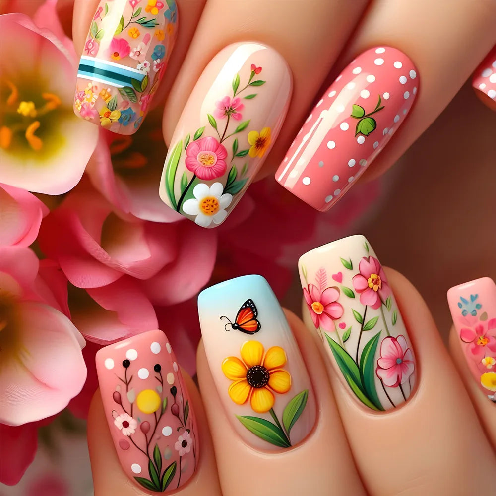 24pcs Mini Flower Press on Nails with Glue Painting Floral Acrylic Fake Nails Spring Design Short Square False Nails for Girls