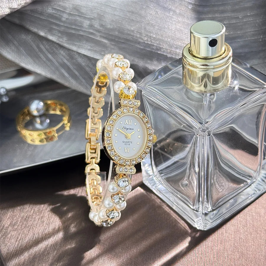 New Hot Pearl Bracelet Watch Luxury Diamond Encrusted Women Quartz Watch Oval Dial Ladies Wristwatches Dropshipping clock