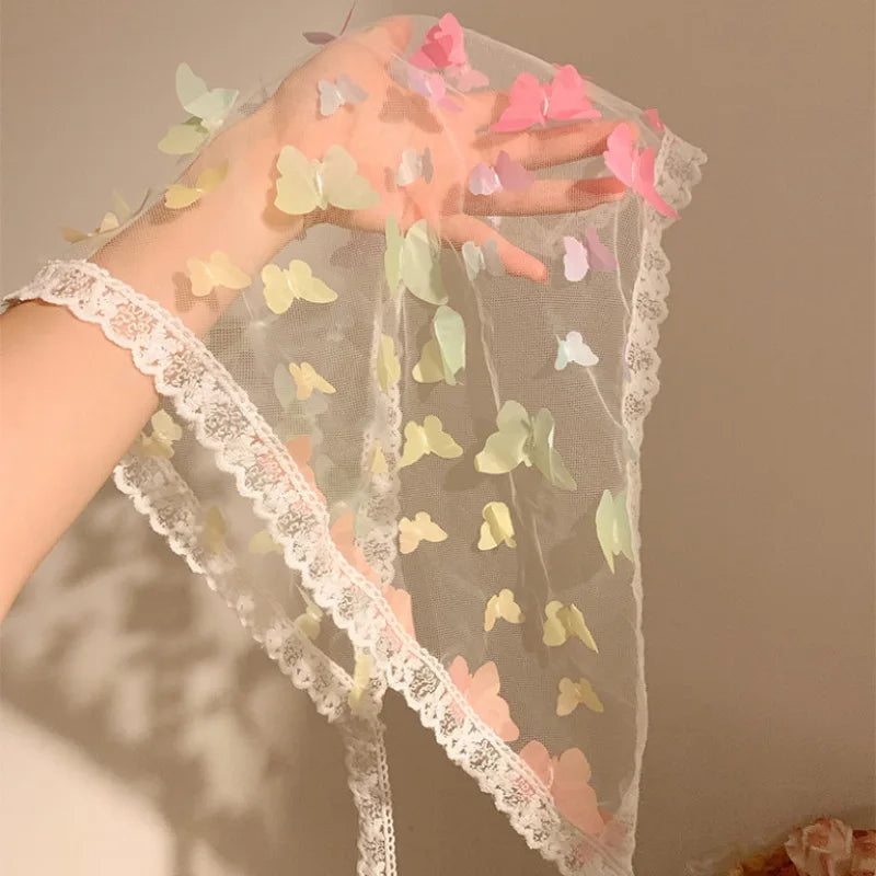 Dopamine Butterfly French Fairy Lace Triangle Headscarf Women's DIY Headwear Mesh Silk Scarf Hairband Summer Beach Accessories