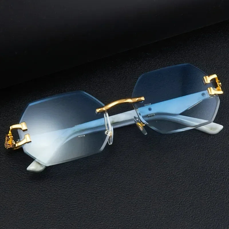Vintage Rimless Polygonal Metal Frame Sunglasses with Leopard DesignTemples Unisex Outdoor Party Vacation Travel Driving Photo