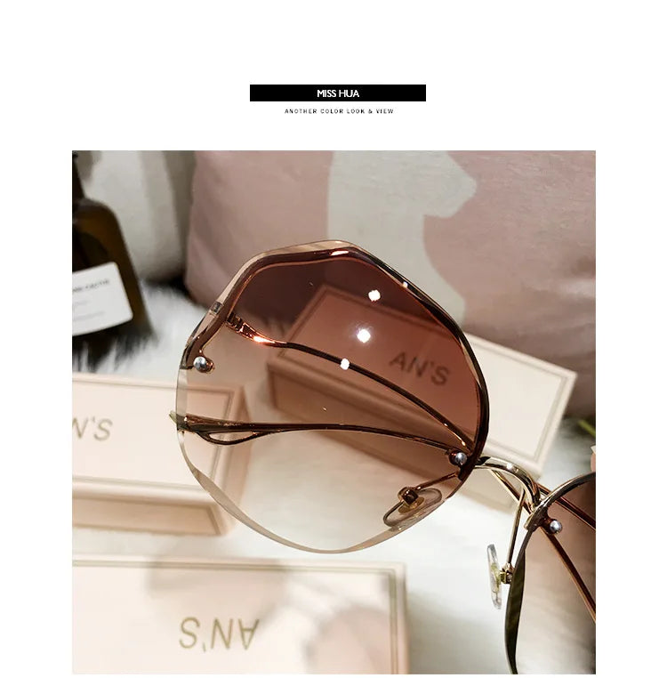 Luxury Round Gradient Sunglasses Women Metal Curved Temples Eyewear Ocean Rimless Fashion Sun Glasses Ladies UV400