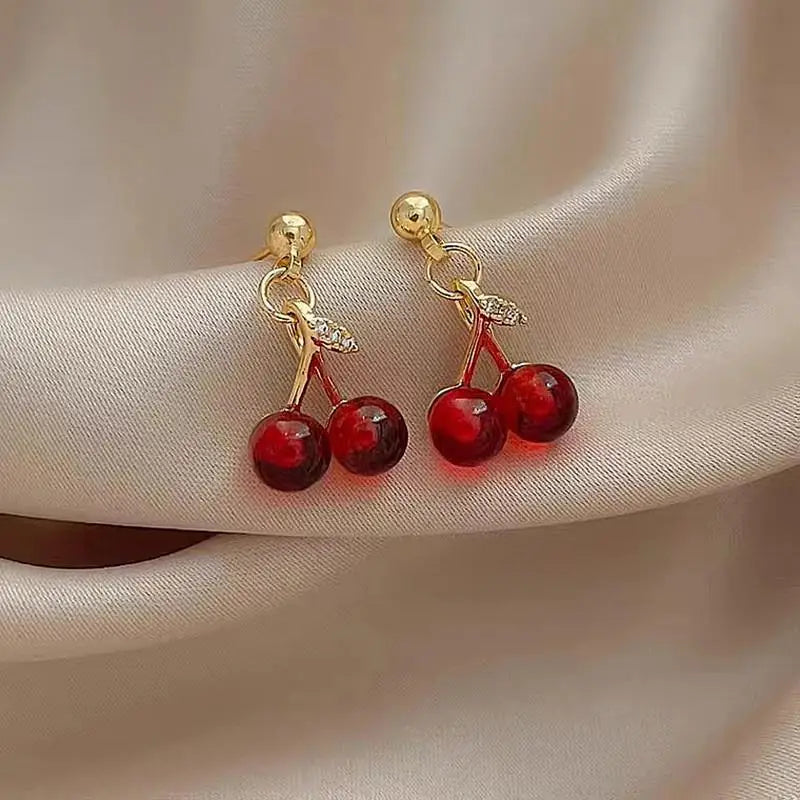 Wine Red Cherry Gold Color Pendant Necklace Earrings set For Women Personality Fashion Necklace Wedding Jewelry Birthday Gifts
