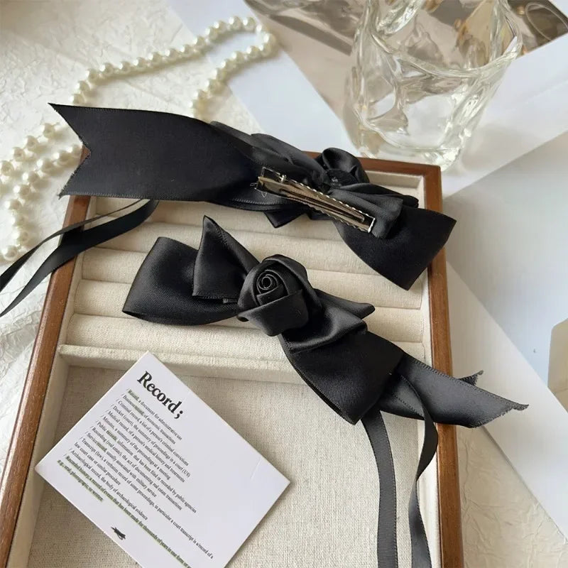 White Bow Ribbon Hair Clips Women Girls Elegant Flower Bowknot Satin Hairpins Ponytail Clip Wedding Party Barrette Accessories