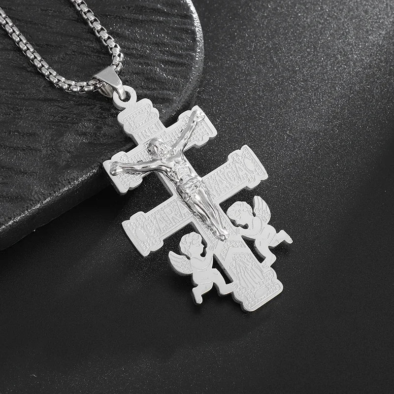 Catholic Jesus Cross Stainless Steel Pendant Necklace for Men Women Vintage Christian Prayer Jewelry
