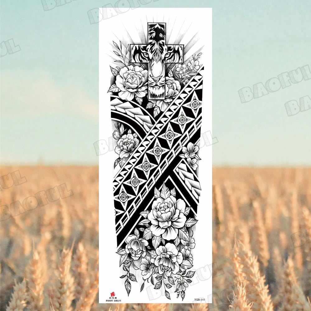 Arm Sleeve Temporary Tattoos For Women Men Realistic Wolf Lion Rosette War Maori Flower Fake Tattoo Stickers Sexy Thigh Tatoos