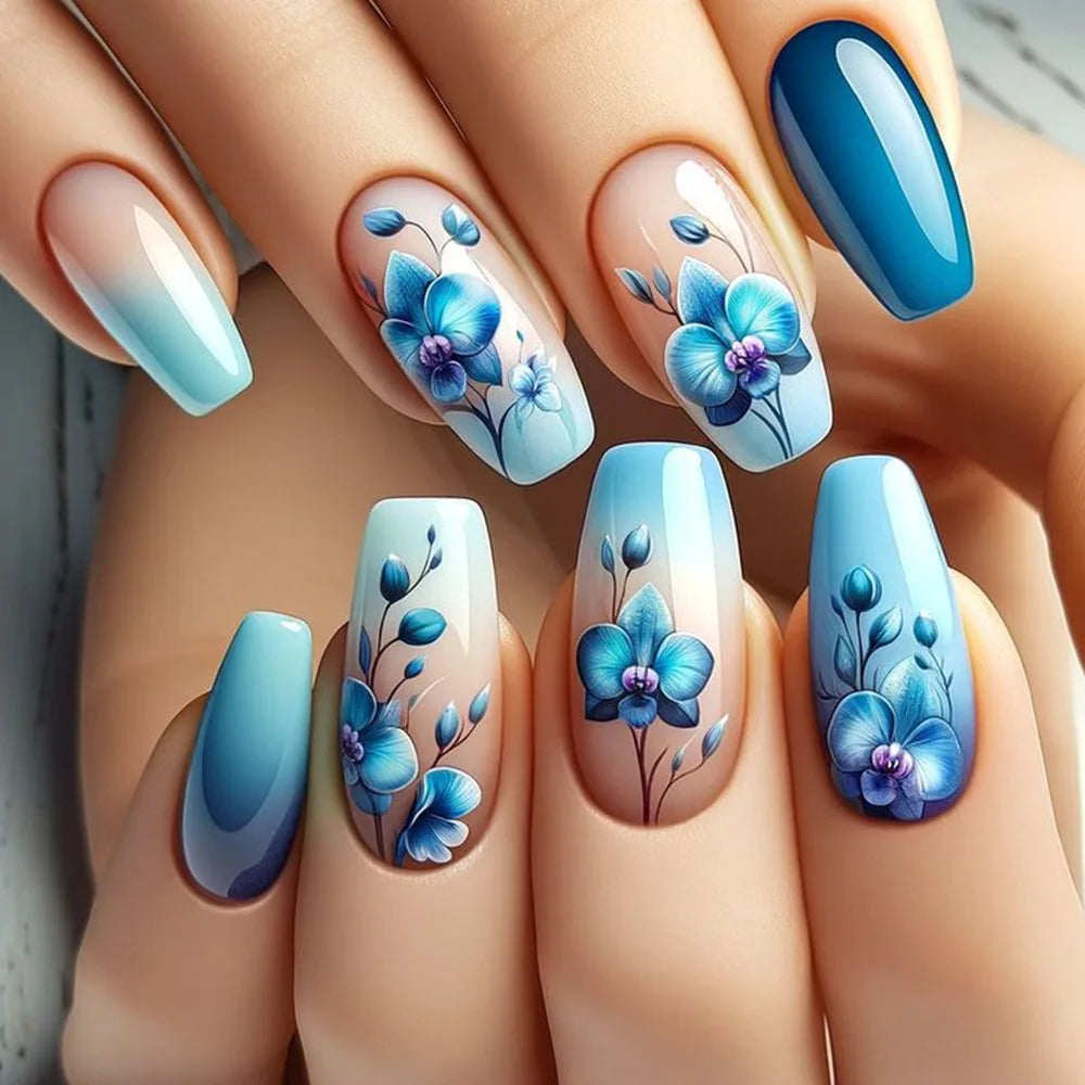 24pcs Mini Flower Press on Nails with Glue Painting Floral Acrylic Fake Nails Spring Design Short Square False Nails for Girls