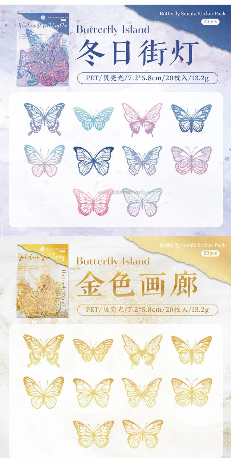 20pcs PET Butterfly Transparent Silver Color Stickers, Holographic Laser Decals for Luggage Laptop Phone Case Mug Decoration