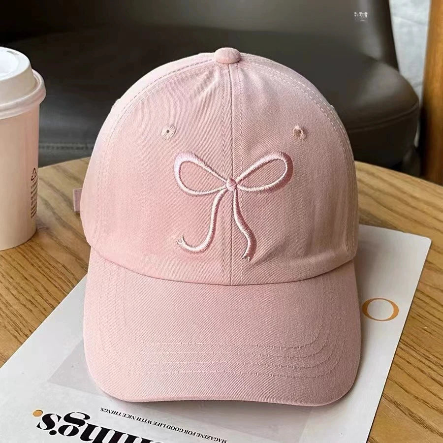 Sweet Bowknot Embroidery Baseball Hat For Women Solid Color Korean Girl Peaked Cap Outdoor Soft Cotton Snapback Sun Visors Hat