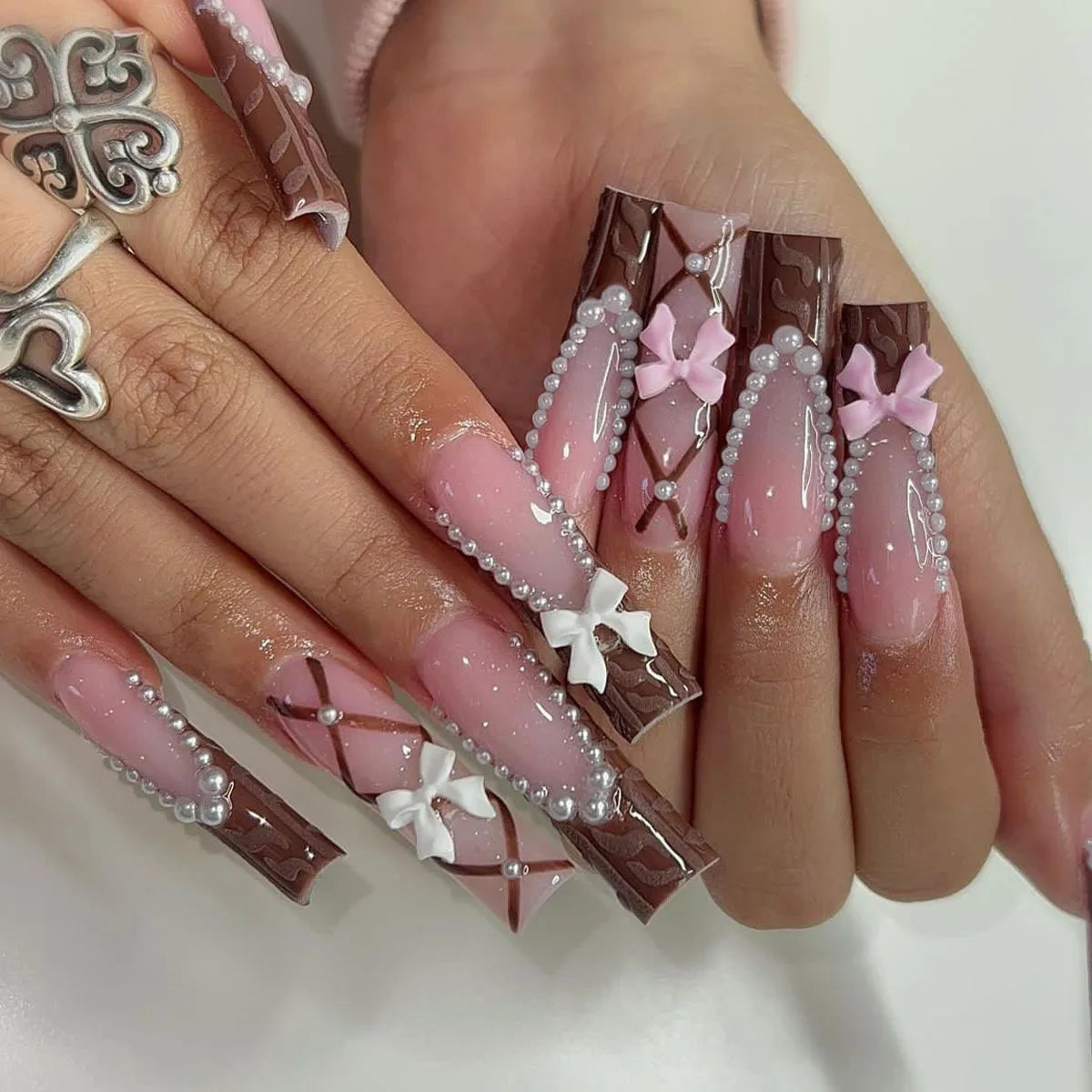 24Pcs Sweet Cool Spice Girl Press on Nails Black French Bow False Nails Y2k Star Glitter Diamond Nail Long Square Gel Fake Nails