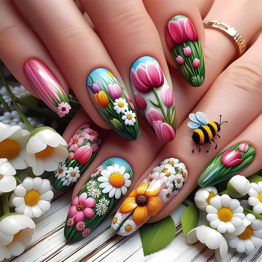 24Pcs Almond Head Press on Nails Fashionable Nail Art Colorful Gradient Flowers False Nails Dreamy Summer Nails Fun Fake Nail