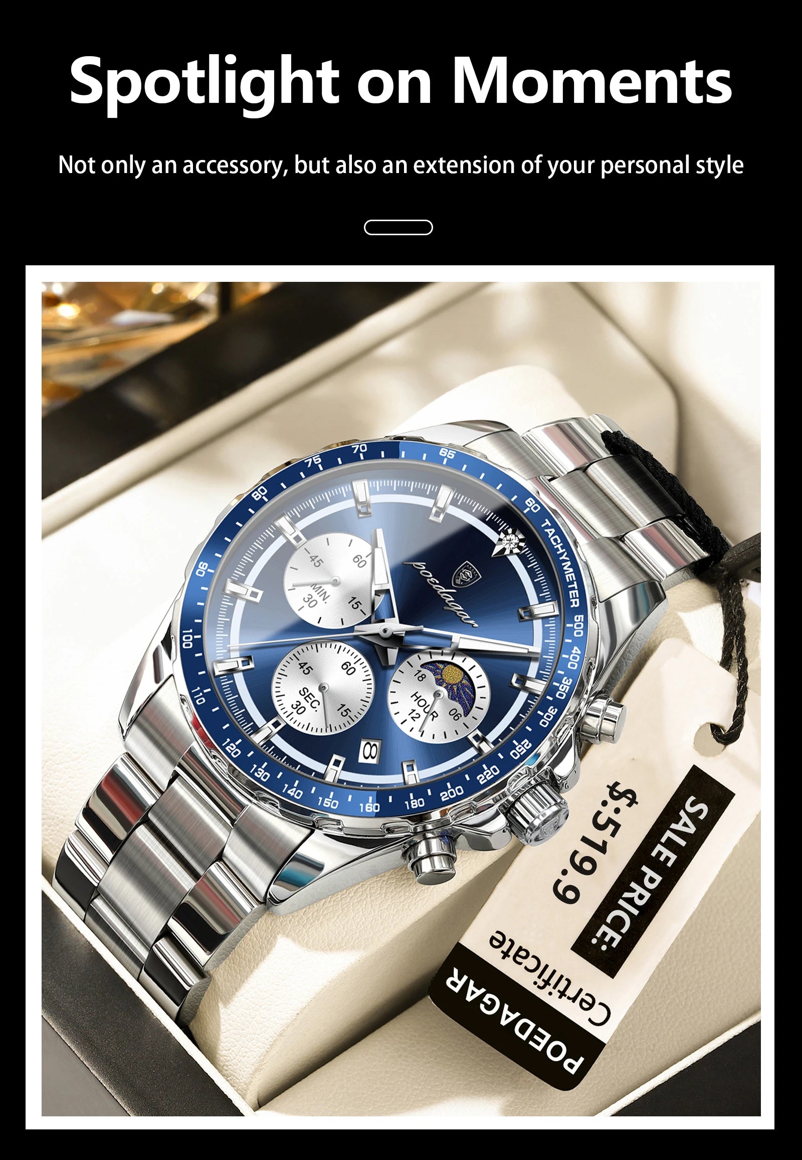 POEDAGAR Luxury Sport Watch For Men Waterproof Luminous Date Chronograph Man Wristwatch Stainless Steel Men's Quartz Watches+Box