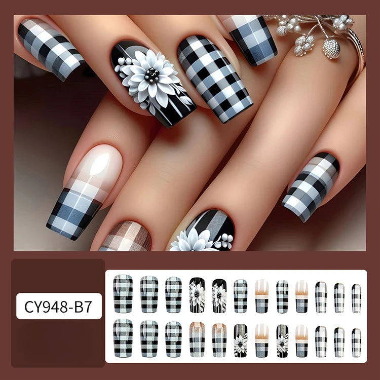 24Pcs Set Vintage False Nails with Glue Flower Checkered Press on Nails French Acrylic Nail Short Square Fake Nails Sweet Cool