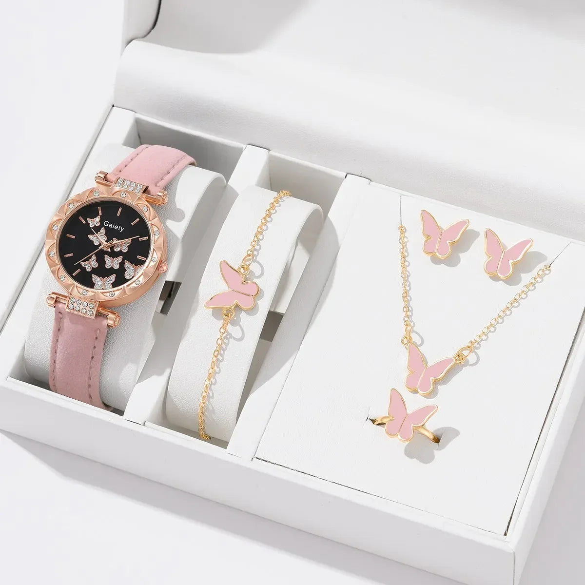 1/6PCS Set Luxury Watch Women Ring Necklace Earrings Rhinestone Fashion Wristwatch Ladies Casual Watches Bracelet Set Clock