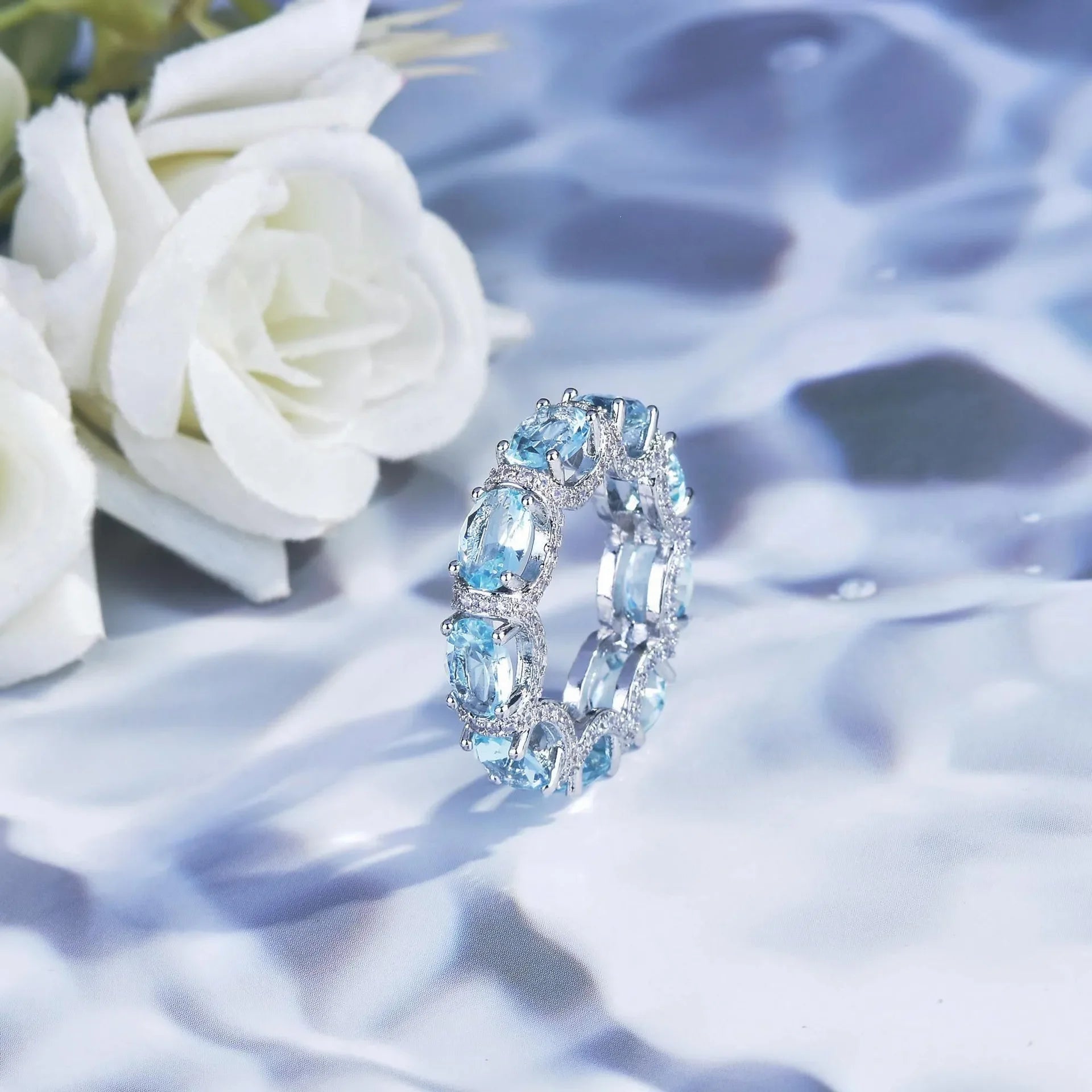 Fashion Jewelry Set for Women Round Aquamarine Bracelet Ring Sets Zircon Bridal Decoration Accessory Banquet Luxury Chain Gifts