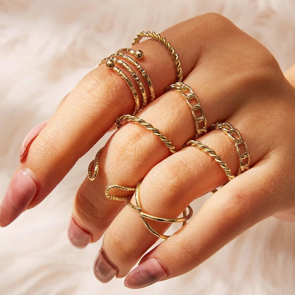 Vintage Korean Gold Silver Color Pearl Rings Set Jewelry For  Girls Butterfly Hollow Heart  Ring For Women Accessories