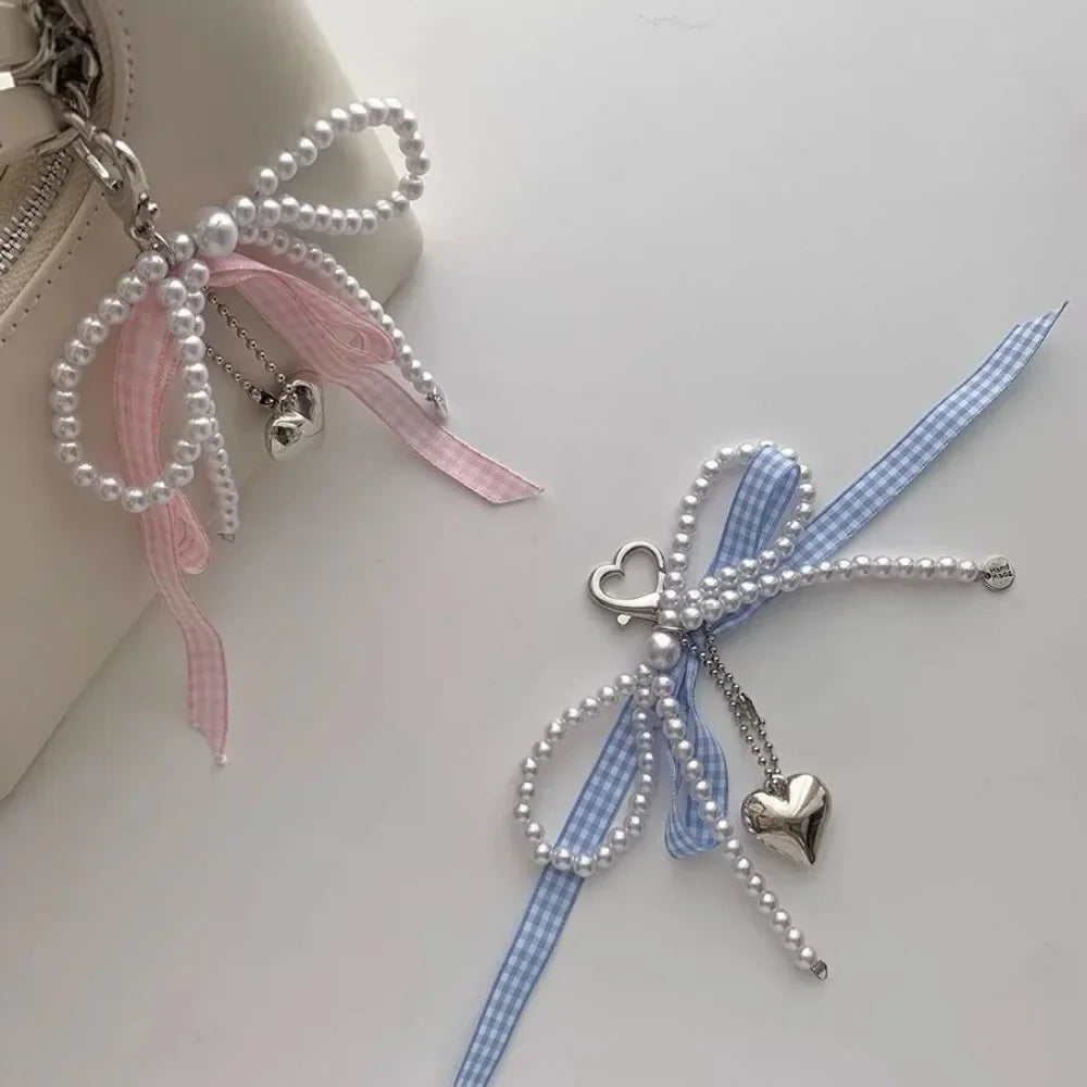 Blue Pink Lattice Ribbon Keychains Bowknot Pearls Heart Bag Pendant Elegant Beaded Keyring Y2k Sweet Korea Jewelry Accessories