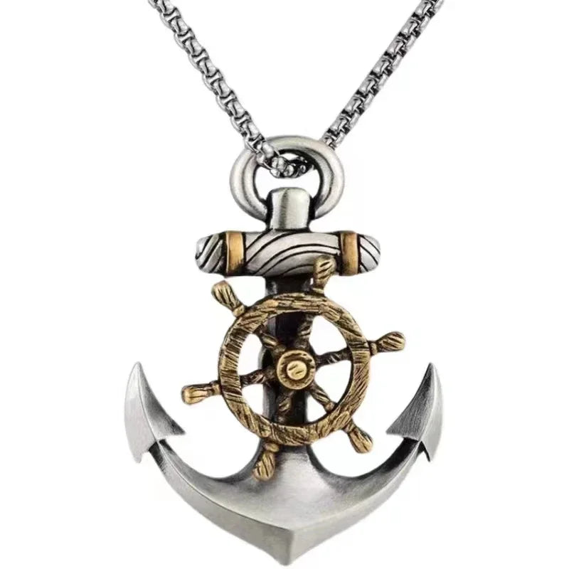 Vintage Pirate Anchor Ship Rudder Pendant Necklace Mens Sailor Punk Hip Hop Trendy Street Party Jewelry