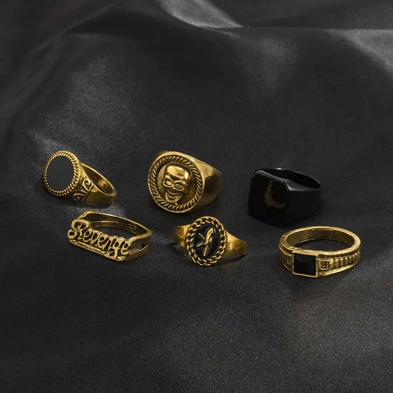 6Pcs/Set Vintage Silver Color Skeleton Skull Rings Set For Men Women Punk Gothic Metal Geometric Knuckle Ring Jewelry Anillos