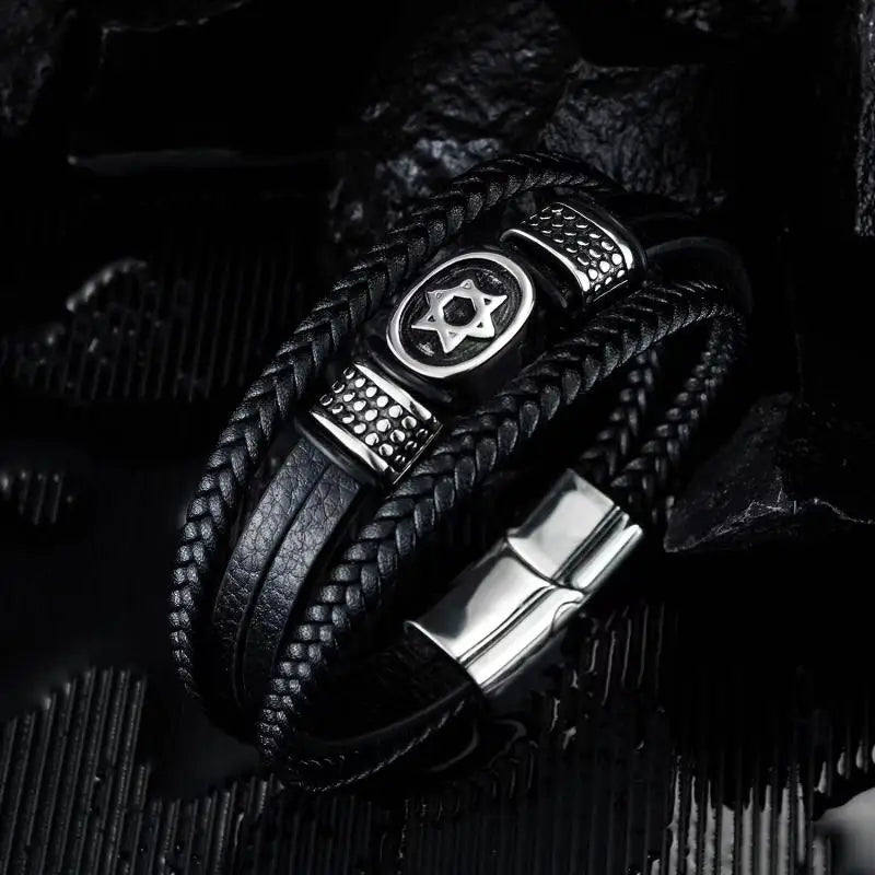 Fashion Star of David Multilayer Leather Braided Bracelet with Magnetic Clasp Men\\\\'s Vintage Judaica Amulet Jewelry