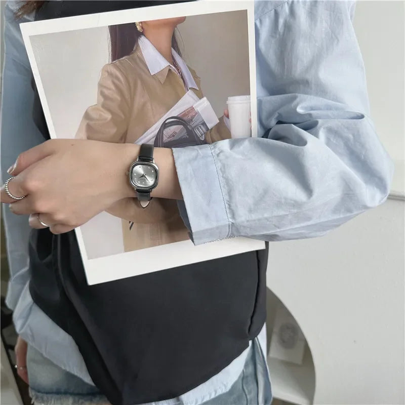 Luxury Women Quartz Watch Leather Strap Small Square Dial Green Watch Casual Fashion Versatile Vintage Wristwatches Dropshipping