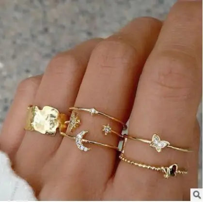 Vintage Korean Gold Silver Color Pearl Rings Set Jewelry For  Girls Butterfly Hollow Heart  Ring For Women Accessories