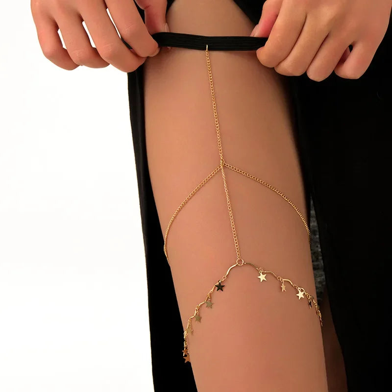 Fashion Summer Bohemian Thigh Chain Simple Sexy Body Chains for Women Double-layer Metal Leg Chain Festival Jewelry Accesorios