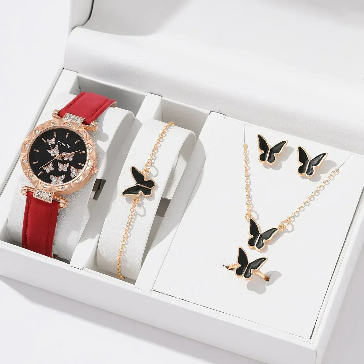 1/6PCS Set Luxury Watch Women Ring Necklace Earrings Rhinestone Fashion Wristwatch Ladies Casual Watches Bracelet Set Clock