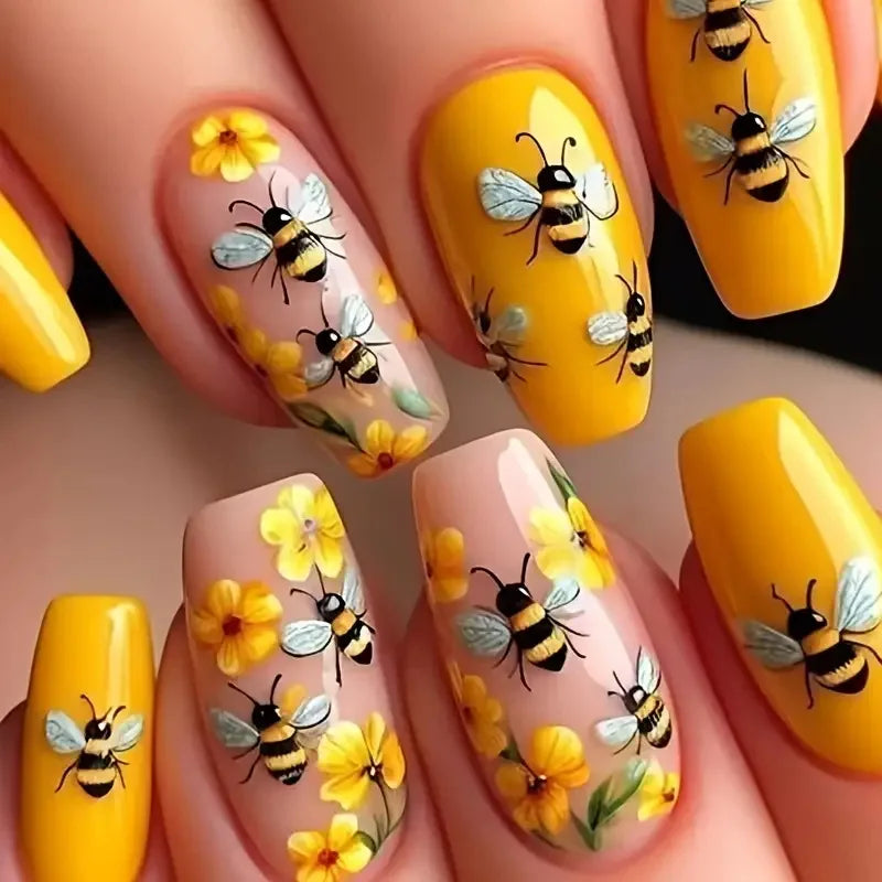 24pcs Mini Flower Press on Nails with Glue Painting Floral Acrylic Fake Nails Spring Design Short Square False Nails for Girls