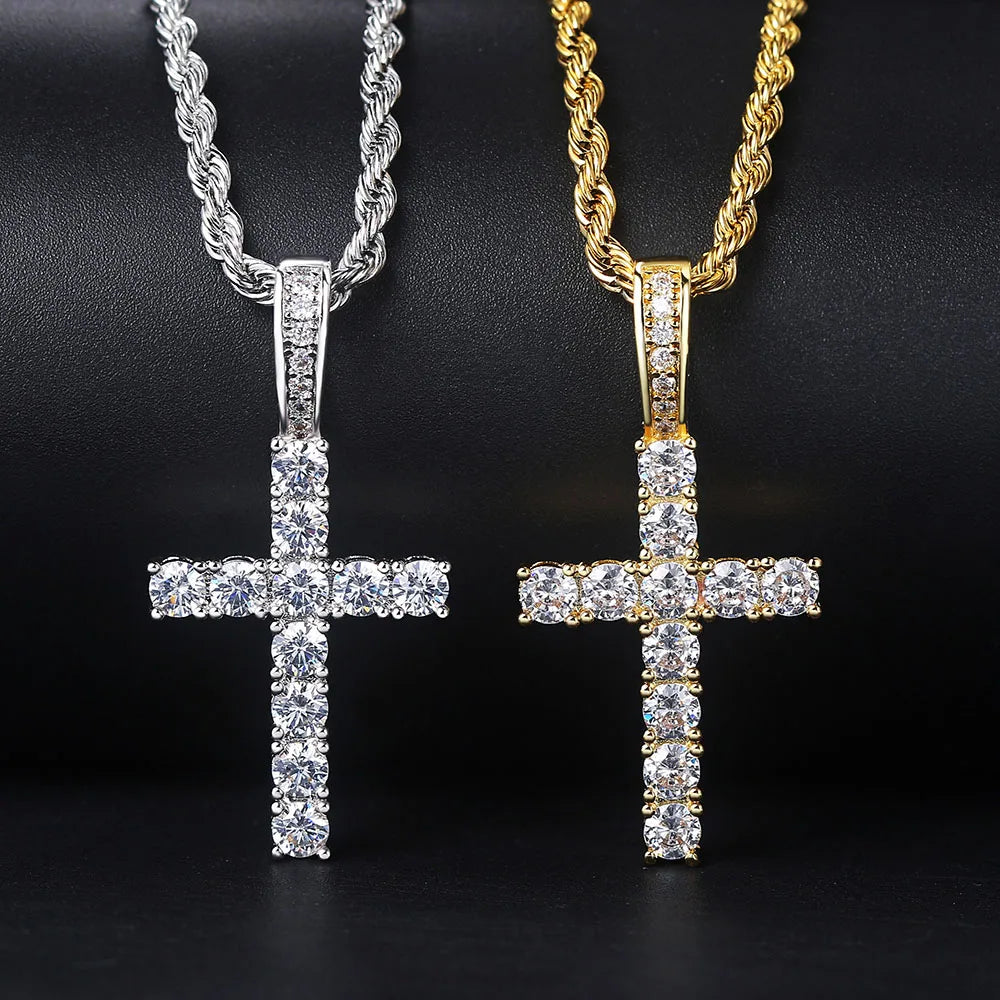 4/5mm Iced Out CZ Cross Pendant Necklaces for Women Men Punk Hiphop Rope Stainless Steel Chain on Neck Rapper Jewelry OHP003