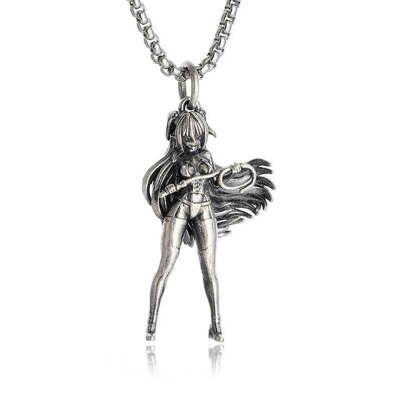 Silver-Plated Anime Mecha Beautiful Girl Girl Pendant Necklace Men and Women Hip-Hop Rock Punk Trendy Jewelry Gift