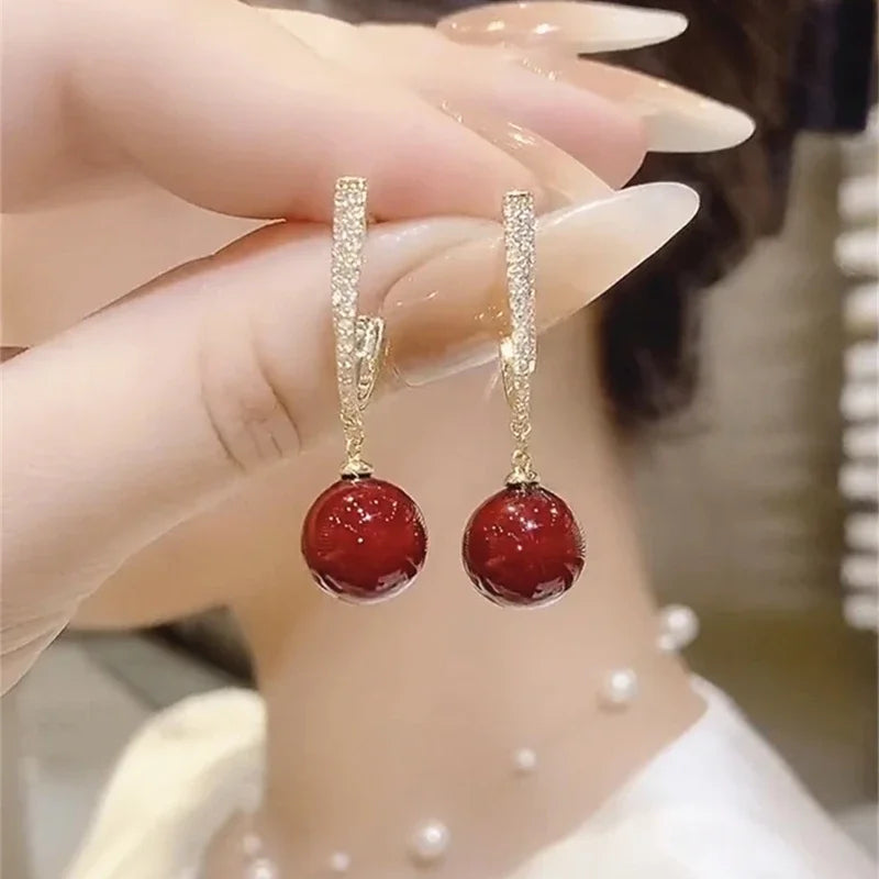 Retro Red Simulated Pearl Dangle Earrings Korean Trendy Ball Bead Long Drop Earring  Ladies Fashion Jewelry Accessories