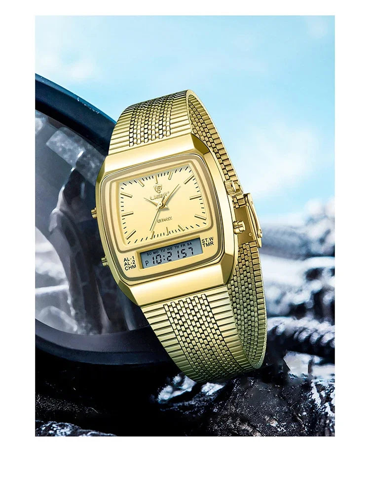 New Golden Steel Strap Quartz Sport Watch Mens Dual Time Week Display Digital Wristwatches Waterproof Clock Reloj Hombre