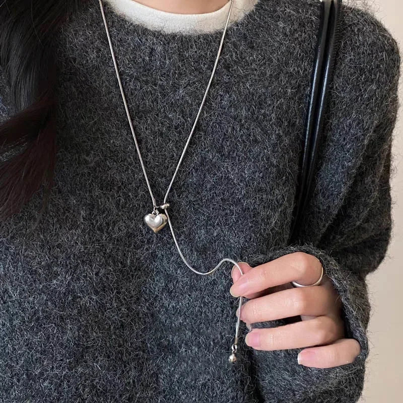 Minimalist Stainless Steel Long Necklace with Heart Pendant Adjustable Sweater Chain Luxury Neck Jewelry for Women Accessories