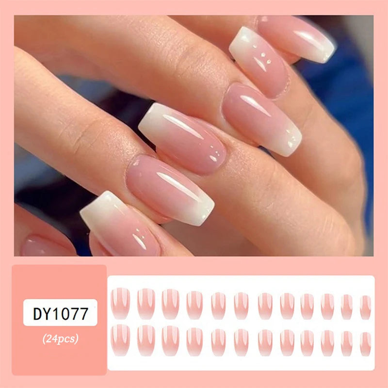 24pcs Milky Jelly Gradient Fake Nails French Nail Waterproof Faux Medium Coffin False Nails Fingernails Press On Nails Tips