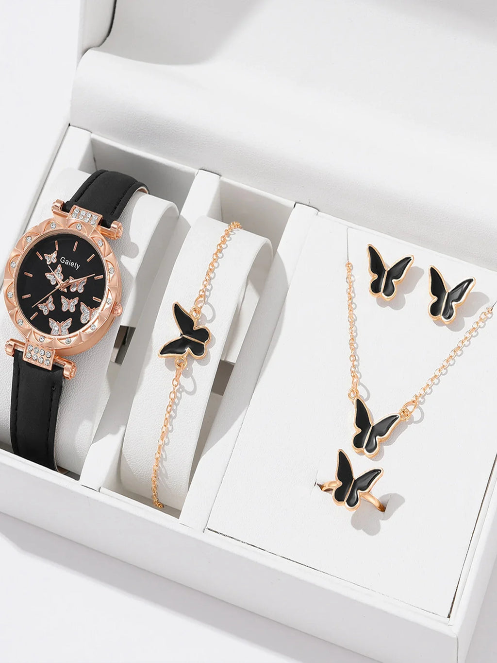 6pcs Luxury Watches Women's Ring Necklace Earrings Bracelet Set Watch Butterfly Leather strap Women's Quartz Watch No case