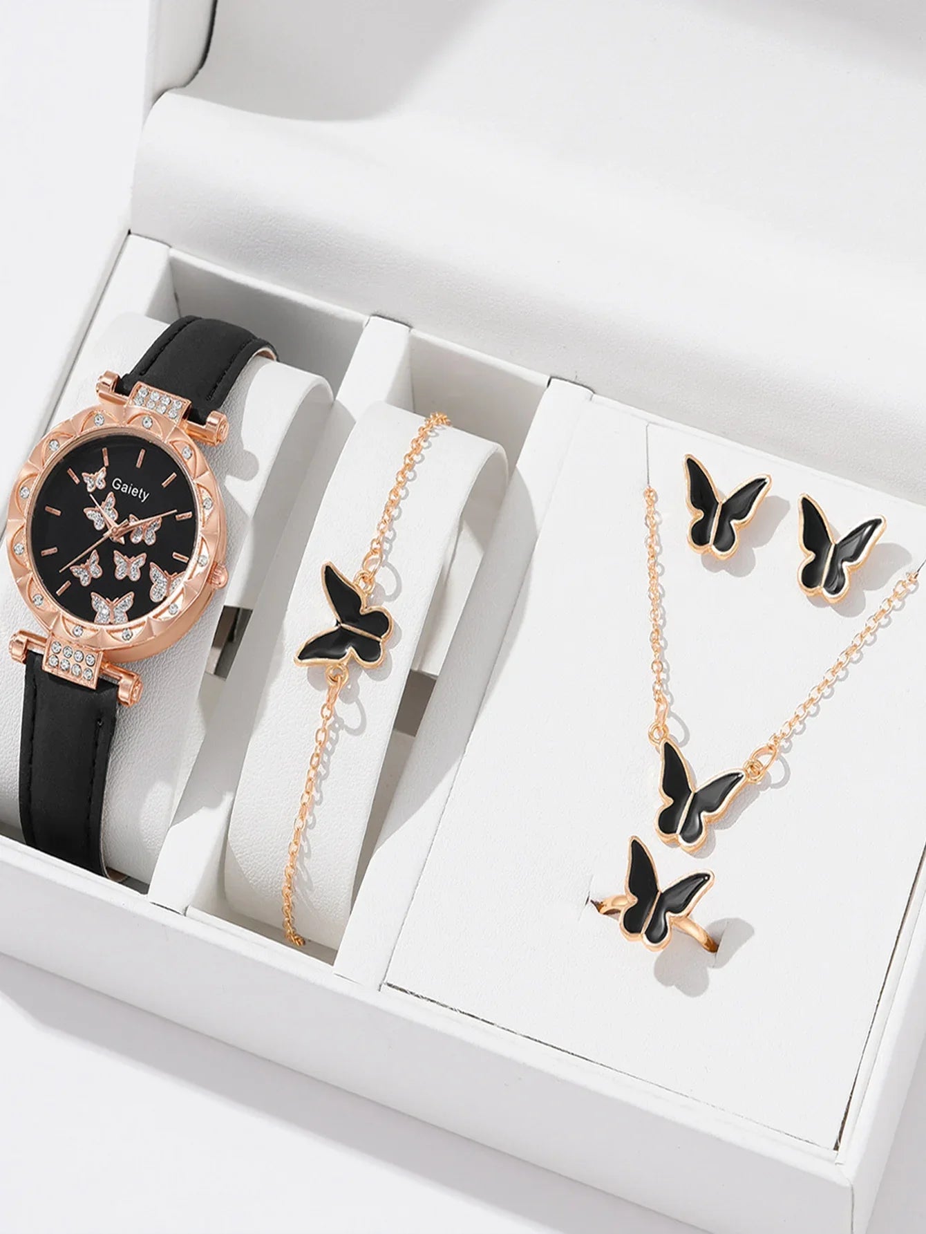6pcs Luxury Watches Women's Ring Necklace Earrings Bracelet Set Watch Butterfly Leather strap Women's Quartz Watch No case