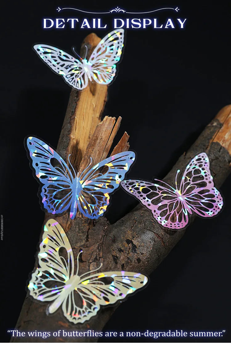 20pcs PET Butterfly Transparent Silver Color Stickers, Holographic Laser Decals for Luggage Laptop Phone Case Mug Decoration