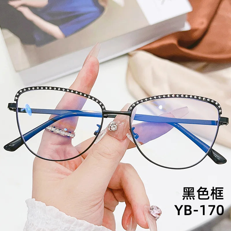 New Metal Anti Blue Light Glasses Fashionable Cat Eye Flat Lenses Large Frame Computer Eyeglasses Oculos De Grau Feminino