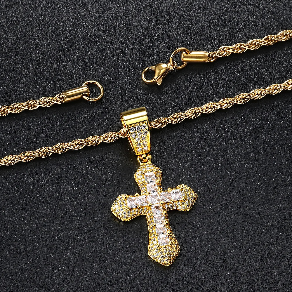 Luxury Inlaid CZ Cross Hiphop Pendant Rope Chain Necklaces for Men Women Punk Personality Rapper Accessory Fashion Neck Jewelry